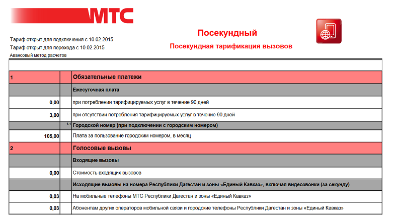 Тариф МТС без абонплаты "Посекундный"