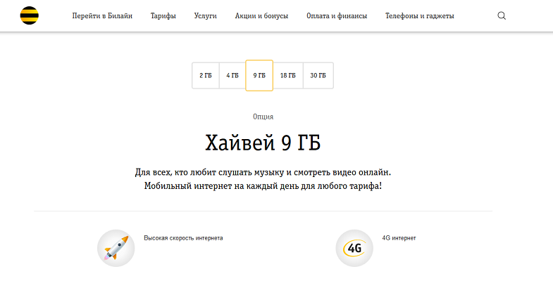 Интернет-опции Билайн "Хайвей"